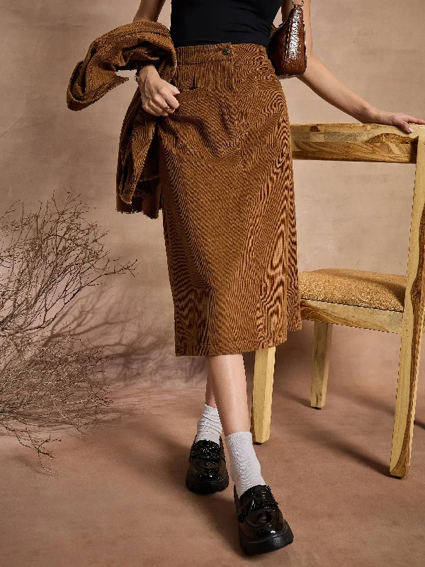 Women Brown Corduroy Mock Pocket Skirt maxi skirt elegant