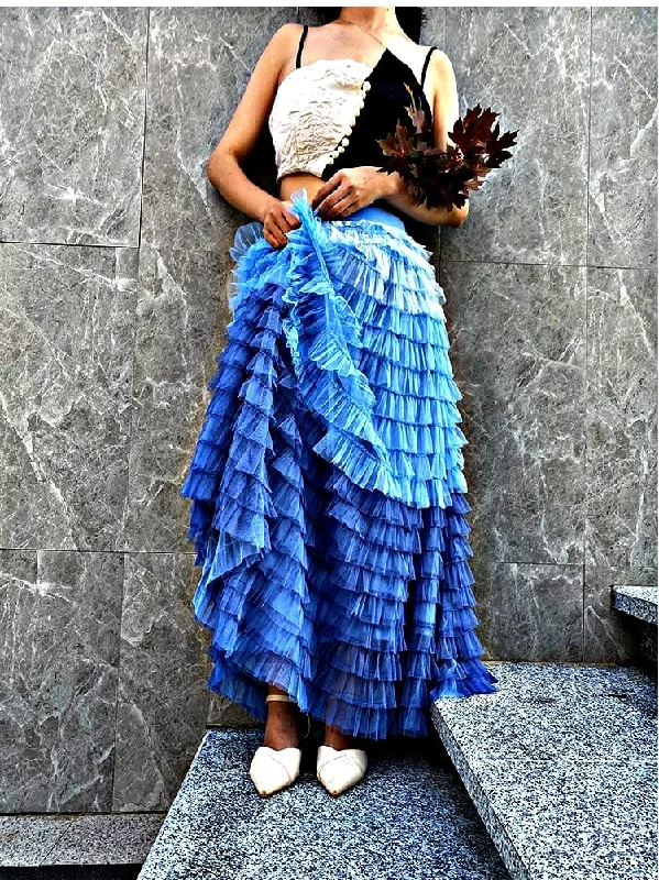 Sky Blue Maxi Ruffled Skirt cashmere skirt soft
