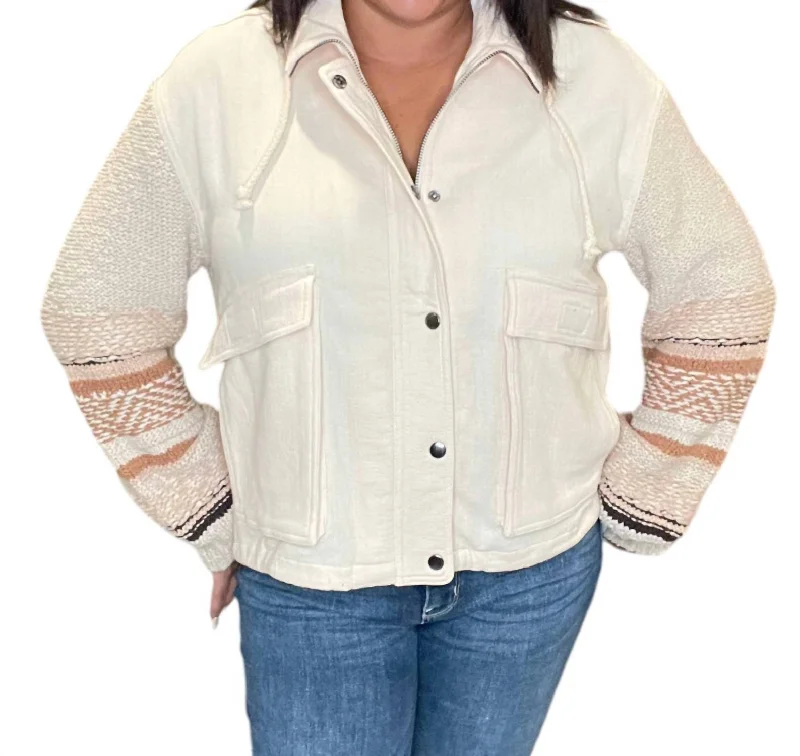 Sleeve Snap Front Sweater Jacket In Cream Soft Cozy Warm