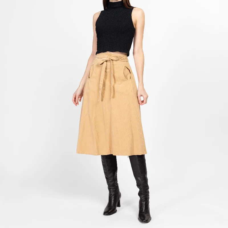 Sm-Med 70s Tan Corduroy Midi Wrap Skirt 26"-28" linen skirt natural