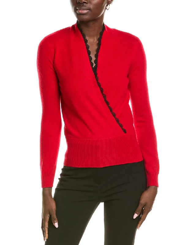 sofiacashmere Lace Trim Surplice Cashmere Sweater High Neck Crew Neck V-Neck
