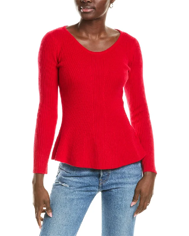 sofiacashmere Peplum Rib Scoop Neck Cashmere Sweater Stretchy Elastic Breathable