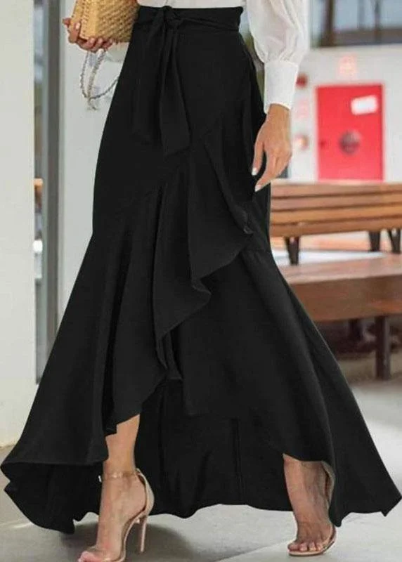 Solid Color High Waist Ruffle High Low Hem Swing Maxi Skirts For Women linen skirt airy