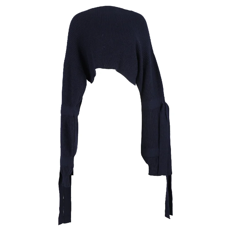 Stella McCartney Cropped Ribbed Hooded Sweater in Navy Blue Cashmere Hooded Sweater Collared Sweater Shawl Collar