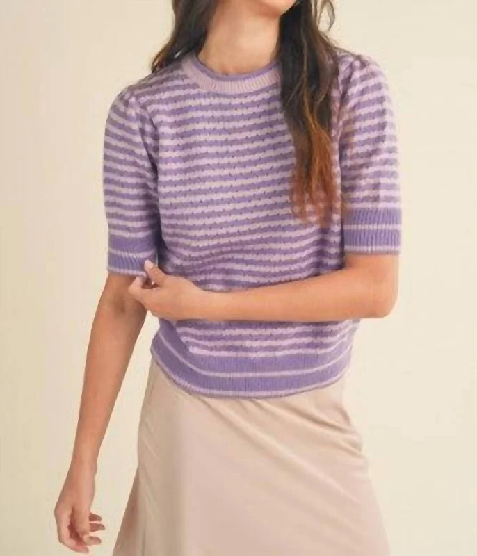 Striped Pointelle Puff Sleeve Sweater In Pink & Lavender Seamless Knitted Crochet