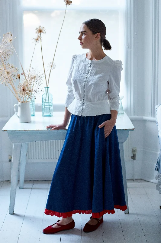 Swishy Ruffle Skirt in Denim with Red Linen Trim velvet skirt plush