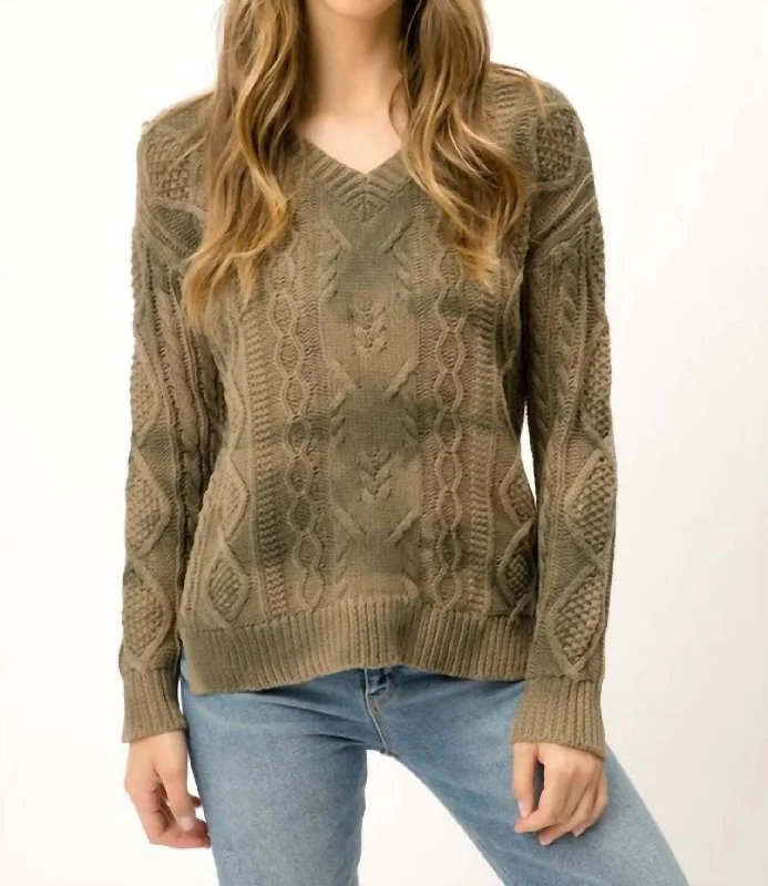 Tie Dye Cable Knit Sweater In Olive Green Neon Metallic Matte