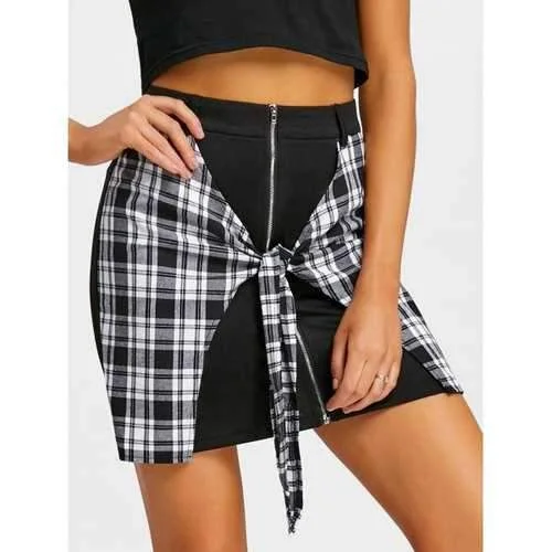 Tie Front Zip Up Plaid Skirt - Black M lace skirt romantic