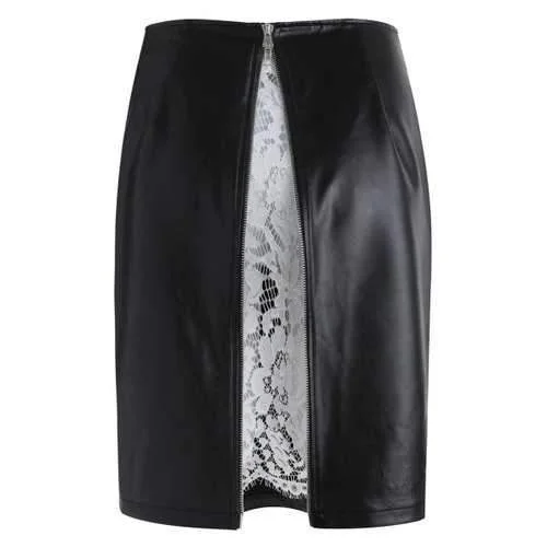 High Waist Lace Insert Faux Leather Skirt - Black L denim skirt trendy