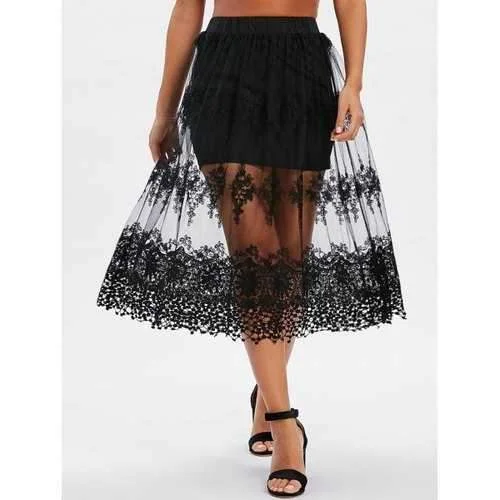 Mesh Crochet A Line Skirt - Black M corduroy skirt comfortable