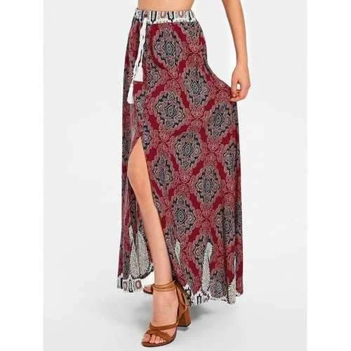 Bohemian Maxi High Slit Skirt - Red Xl wool skirt sturdy
