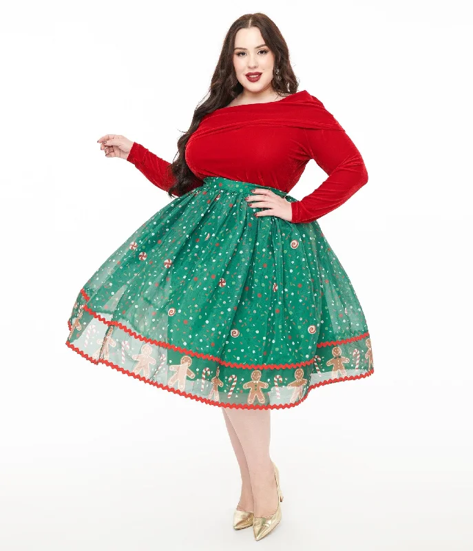 Unique Vintage Plus Size 1950s Green Gingerbread Border Brilliance Swing Skirt lace skirt elegant Unique Vintage Plus Size 1950s Green Gingerbread Border Brilliance Swing Skirt lace skirt elegant