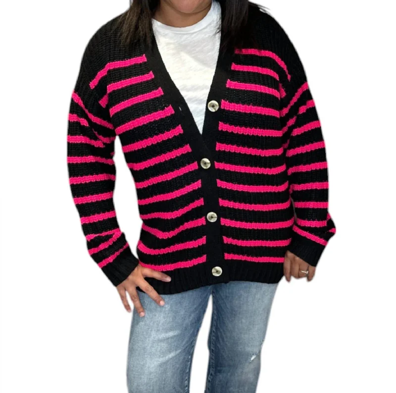 Vibe Stripe Cardigan Sweater In Black/pink Lightweight Heavyweight Midweight