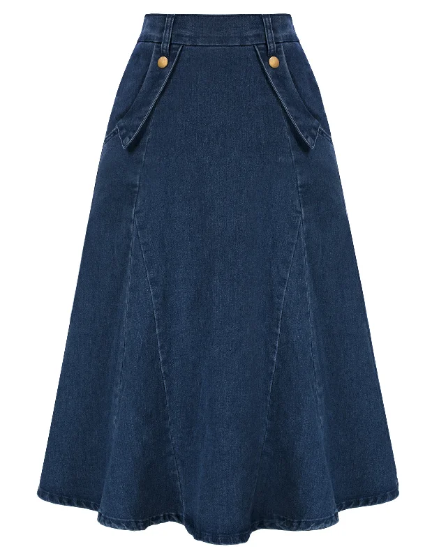 Denim Skirts Knee Length Vintage Elastic High Waist A-Line Midi Jean Skirts with Pockets seamless skirt comfort
