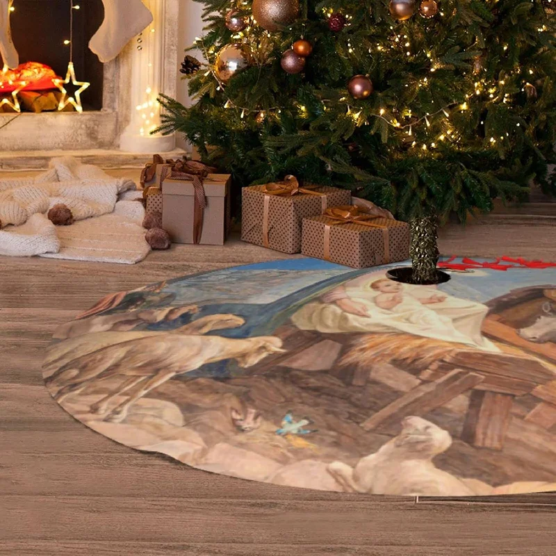 Vintage Retro Christmas Nativity Scene Tree Skirt Carpet Mat for Xmas Halloween Decorations - 36 Inch modal blend skirt