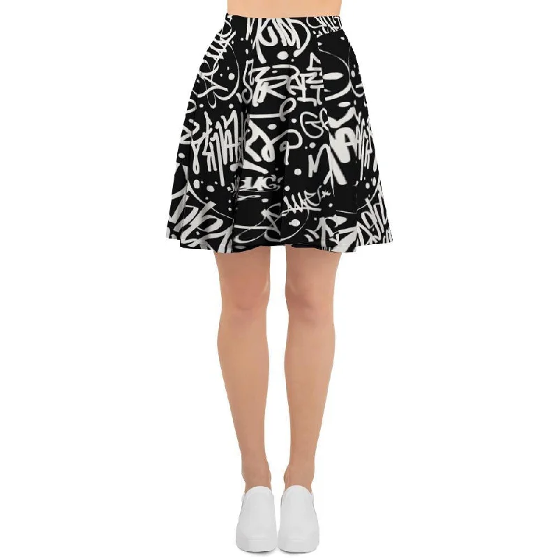 White And Black Graffiti Doodle Text Print Women's Skirt leather skirt sleek
