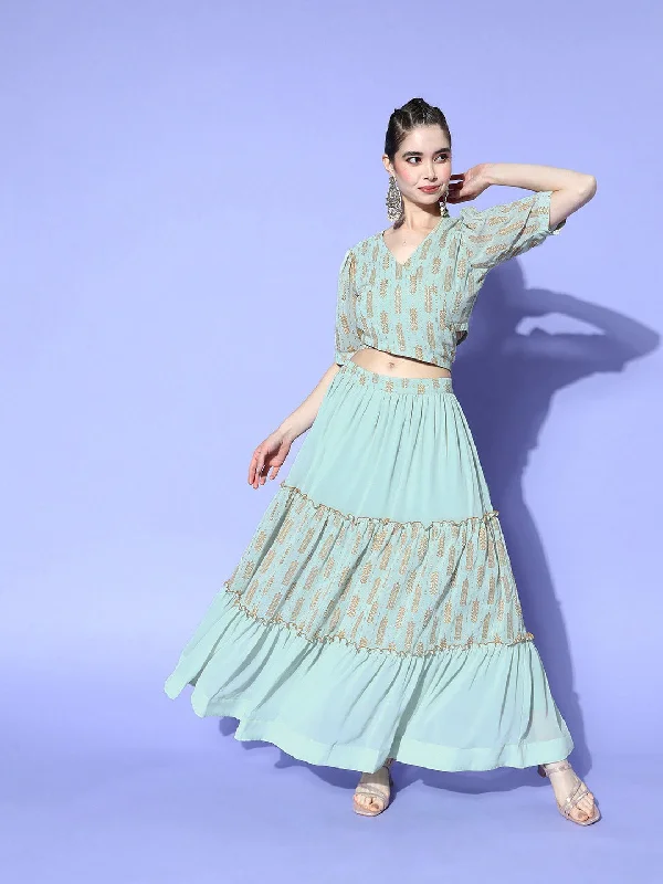 Women's Sea Green Printed Georgette Top And Skirt Set - Yufta leather skirt durable