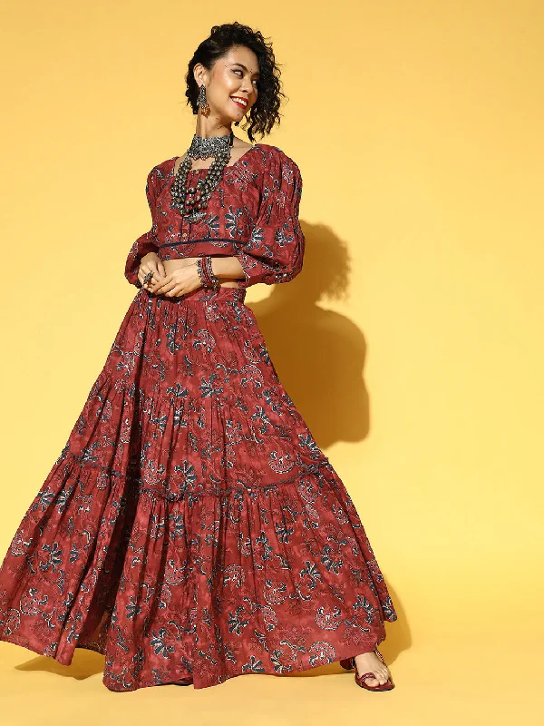 Women's Maroon & Navy Blue Printed Pure Cotton Top & Skirt - Yufta chiffon skirt airy Women's Maroon & Navy Blue Printed Pure Cotton Top & Skirt - Yufta chiffon skirt airy