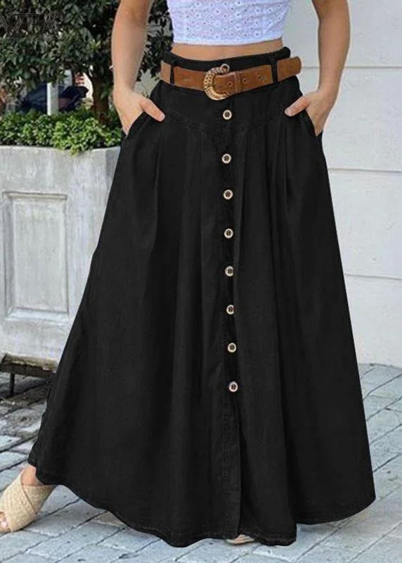 Women Solid Color Bottom Front Loose Casual Long Skirt With Pocket lace skirt delicate