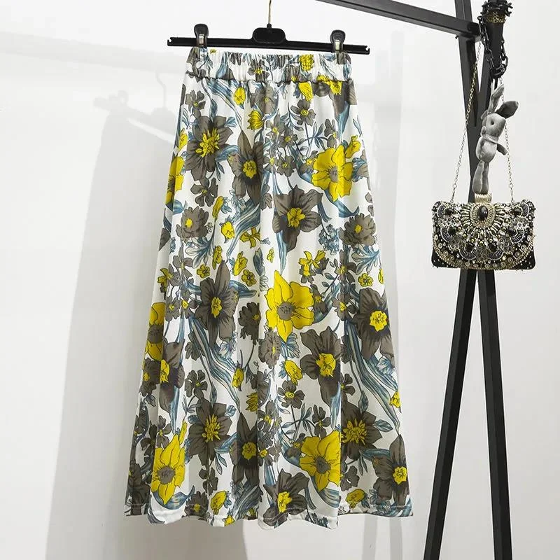 Women Summer Skirt Vintage Elastic Waist Mid-length Holiday Skirt Slim Floral Print Elegant Casual Skirt linen skirt natural