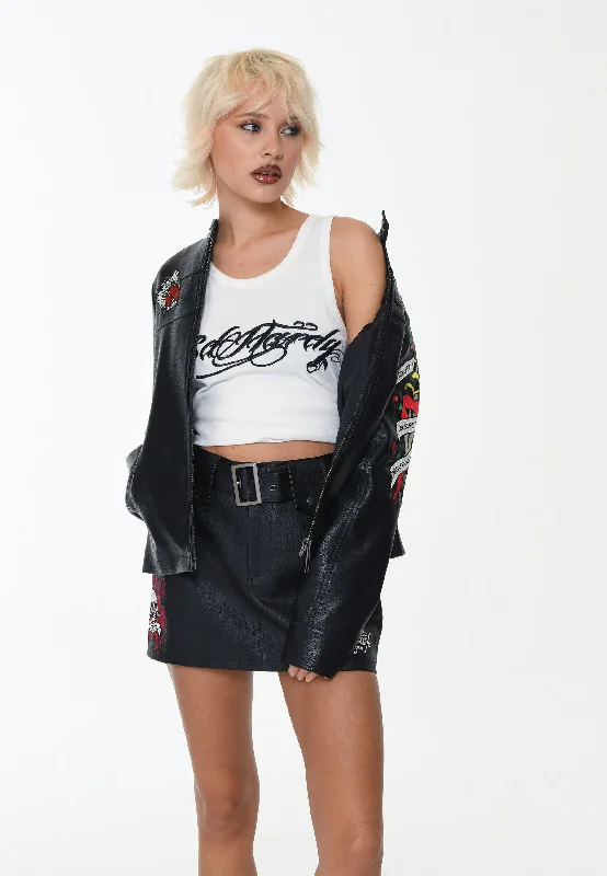 Womens Death Or Glory Vegan Leather Mini Skirt  - Black denim skirt stylish