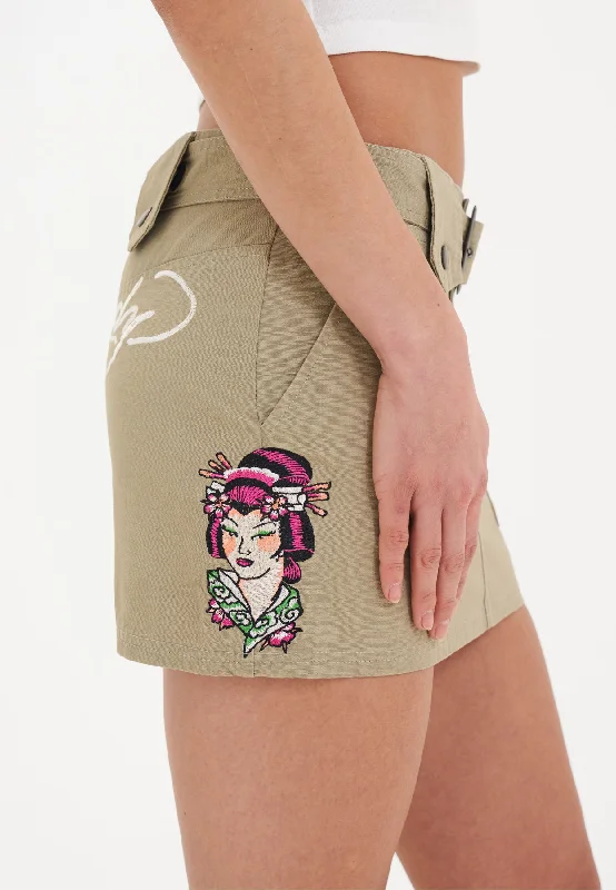 Womens Geisha Girl Cargo Mini Skirt - Green seamless skirt comfort