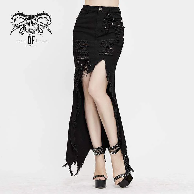 Women's Gothic Ripped Irregular Skirts With Rivets linen skirt natural