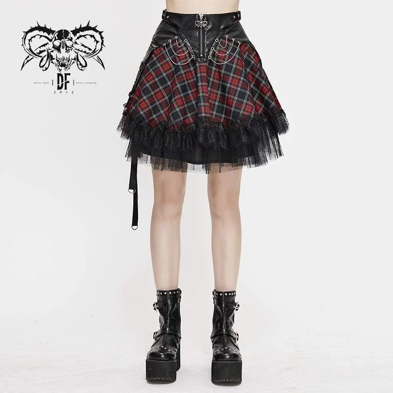 Women's Gothic Strappy Mesh Plaid Skirts With Chains tulle skirt dreamy