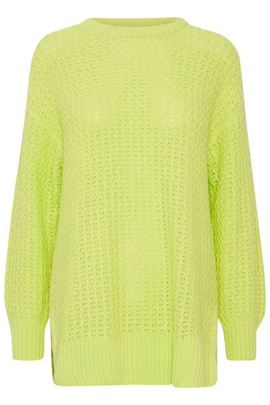 Women's Split Hem Sweater In Lime Denim Fabric Leather Fabric Suede Fabric