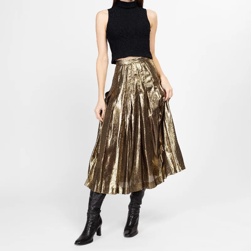 XS 80s Metallic Gold Pleated Midi Skirt 24.5" leather skirt modern